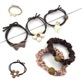 Brown and beige variety pack of elegant velvet scrunchies with floral and bow charms - 7-piece Set / Coffee Series