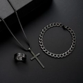 Set gioielli hip hop uomo in acciaio nero con collana a croce, bracciale e anello - Set di anelli traforati a croce / Nero (6081001HB)