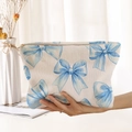 Corduroy makeup bag with blue bow prints and gold zipper in creamy white finish - Beige Blue Bow Print (MZ042105)