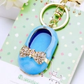 Blue mini shoe keychain with sparkling crystal bow and gold metal ring attachment - Blue Bow Shoes