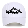 Close-up of white baseball cap with black mountain forest embroidery and fine canvas texture - One Size(Adjustable) / White