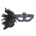 Gothic masquerade half mask featuring black lace with peacock feathers and dark gems - Feather Rhinestone Six-Petal - Black