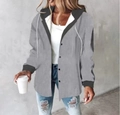 Women's casual oversized plaid hooded jacket with contrasting grey trims and button closure - S / Tops / Black and Gray