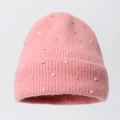 Bonnet en tricot rose avec perles et strass, chapeau d'hiver chaud avec bord à revers - Décor en perles et strass / Rose