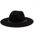 Close-up of black felt fedora hat with a brown faux leather belt and gold metal buckle - M(56-58cm) / Black