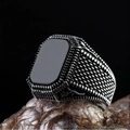 Vintage silver men's ring with square black agate on textured stone background - Black Rectangular Stone