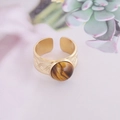 Anillo ajustable de acero dorado con piedra ojo de tigre y patrones vintage - Abierto Ajustable / Piedra de Ojo de Tigre (1#)