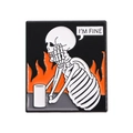 Enamel skull pin with 'I'M FINE' text and orange flame design on a metal badge - I'm Fine Skeleton Flame