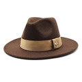 Detail of dark brown wool fedora with khaki satin ribbon and golden bee ornament - Dark Coffee