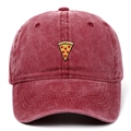 Detailed close-up of pizza slice embroidery on a vintage washed red cotton baseball cap - One Size / Burgundy