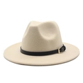 Classic cream wool fedora hat with black leather belt and gold buckle for men and women - Beige