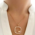 Golden minimalist heart pendant necklace with shimmering zircon stones on a square frame - Gold Square Frame Heart (K-200)
