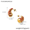 Detailed size view of red and gold striped titanium steel earrings with 2.3cm height - Red (F1433)