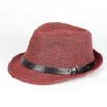 Detailed view of bicolor woven straw Panama hat with black leather band and metal buckle - 58cm (Adjustable) / Red & Black Mixed
