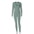 Nauwsluitende grasgroene jumpsuit met lange mouwen, diepe V-hals en geribbelde textuur - S / Groen