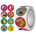 Detail view of colorful cartoon reward sticker roll with motivational English phrases - 25mm / Cute Pet Animal Reward Style (C90)