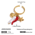 Goldfarbener Edelstahlring mit Anhängern aus Muscheln Seesternen Paprika und Perlen - Muschel Chili Seestern Offener Ring (JDR0204009)