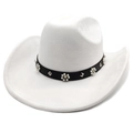 Detail of white felt cowboy hat with leather band, silver studs and pearl flower accents - White