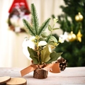 Miniature Christmas desktop plant with pine needles, cotton balls and wooden base - White Flower Cotton Style