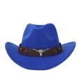 Détail d'un chapeau de cow-boy bleu en feutre avec logo tête de taureau argentée et cuir - Bleu (Bande en cuir marron)