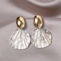 Detail of gold and silver plated fan-shaped earrings with brushed metal texture and tassels - 3# Two-Tone Metal Fan Shape Earrings