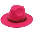 Detail of fuchsia wool fedora hat with brown leather belt and silver metal buckle - Rose Red