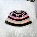 Handmade crochet bucket hat with pink and black stripes and white knit bows - M (56-58cm) / Striped Bow Pink Basin Hat