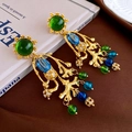 Detail of vintage heart pearl earrings with green and blue gemstones on gold metal - Gold Branch Green and Blue Gemstone Drop (8#)