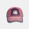 Detail of vintage washed cotton baseball cap with New York embroidery and distressed brim - Adjustable / Burgundy