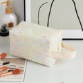 Detailed view of striped embroidered fabric makeup bag with white zipper and handle - White