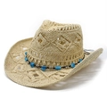 Chapeau de cowboy en paille tressée beige ajouré avec perles bleues pour le soleil d'été - M (56-59cm) / Beige