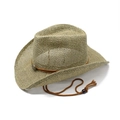 Handwoven straw cowboy hat with brown braided band and adjustable wind strap on white background - M (56-58cm) / Natural