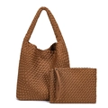 Brown hand-woven tote bag and matching clutch pouch set in durable neoprene material - Caramel color