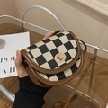 Mini checkerboard saddle bag with brown leather trim and golden twist lock closure - Plaid-Brown