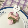 Pink strawberry fabric hair tie with green bow and checkered pattern for girls - Pink Series