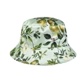 Detail of light green bucket hat with pear and berry print showing reinforced stitched brim - Pastoral Fruit Pear Print
