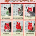 Red traditional Chinese New Year window cling sticker showing step-by-step installation - Lunar New Year Fu Character Style