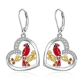 S925 silver heart drop earrings featuring red cardinal birds on golden branches - White Gold