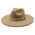 Detailansicht des Fedora-Hutes mit breiter Krempe, Wollfilzstruktur und Schleife - M(56-58cm) / Camel