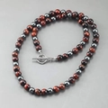 Men's hip hop beaded necklace with tiger eye stones and hematite featuring a silver T-clasp - Red Tiger Eye