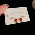 Three-pair gold earring set with heart, crystal bow, and red faux pearl details - Gold-Heart Bowknot Pearl Set (32#)