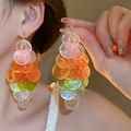 Geometric shell drop earrings with colorful gradient resin circles on model - 171# Silver Needle - Colored - Large Size