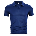 Close-up of navy blue polo shirt collar with three buttons and M size label detail - Navy Blue