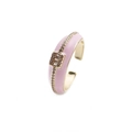 Close-up of pink enamel open ring with gold metal plating and pave cubic zirconia details - Adjustable Open / Pink