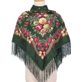 Close-up of ethnic floral patterns and tassel fringe on a dark green silk scarf - Dark Green