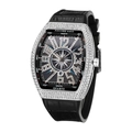 Orologio da uomo tonneau al quarzo con quadrante di diamanti e cinturino in pelle - Cassa Argento Cinturino Nero