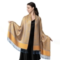 Detailed luxury jacquard pashmina with paisley pattern and blue tassels for women - Golden and Blue Gray (T003-54)