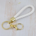 Handmade white woven leather keychain with premium gold hardware for car keys - Generation 1 Round Dragon Woven Buckle (Light Gold) / White