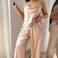 Luxurious champagne satin sleepwear set with cowl neck camisole and high-waist trousers - Champagne / 1XL