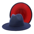 Vintage style two-tone navy blue and red wool felt fedora hat with a wide flat brim - M (56-58cm) / Navy Blue with Red Inside